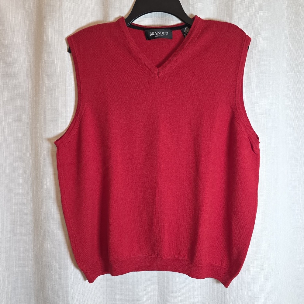 Brandini Men's L Red 100% Extra Fine Merino Wool V-Neck Sweater Vest Italy Knit